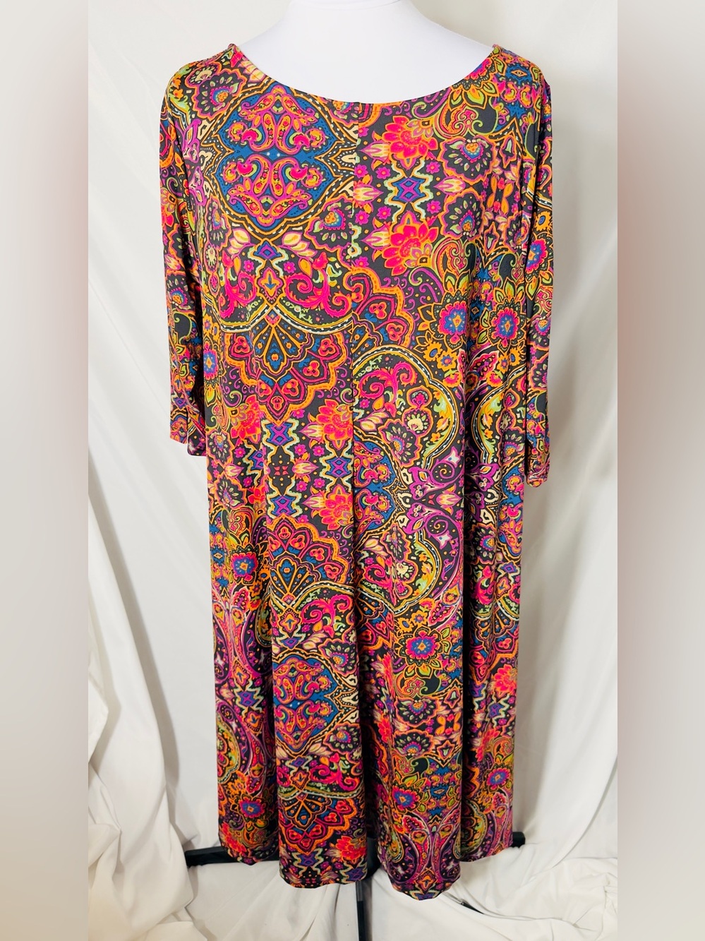 Roaman's BoHo Paisley 3/4 Sleeve Boatneck Swing Dress